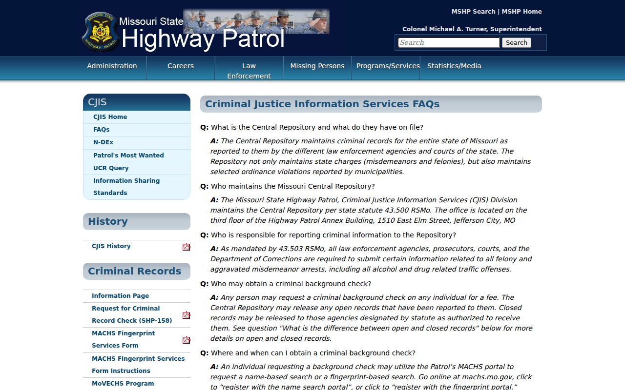 Missouri State Highway Patrol explanation separating local warrants from state criminal history