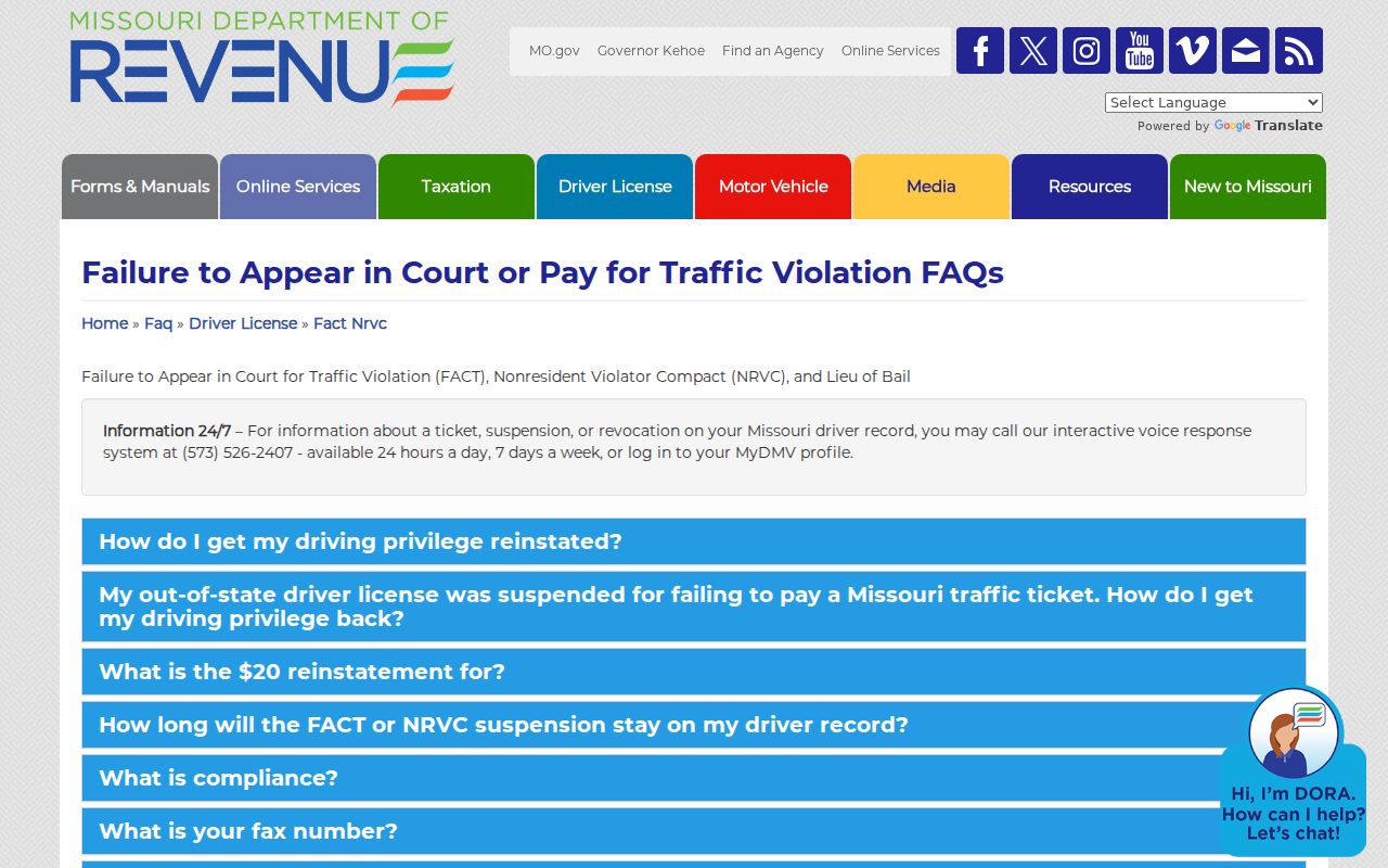 Missouri traffic court compliance and license hold information