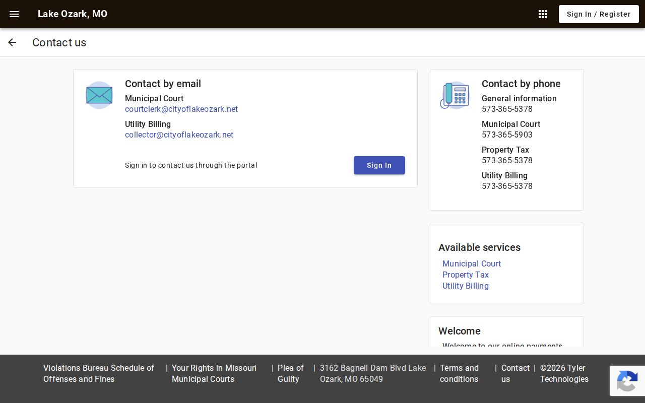 Lake Ozark court contact sign-in and payment interface