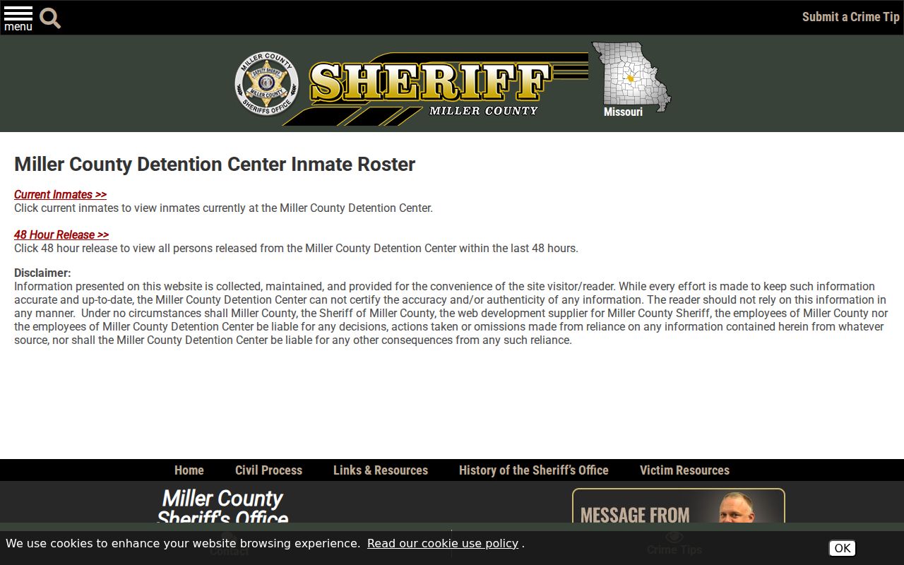 Miller County sheriff current inmate and recent release chooser with accuracy notice